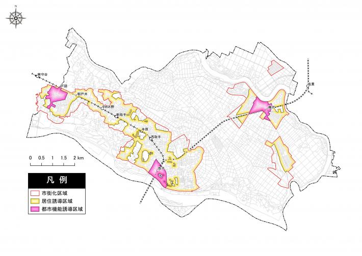 都市機能誘導区域（赤色塗り）と居住誘導区域図（黄色塗り）を市内全域の地図で示したもの