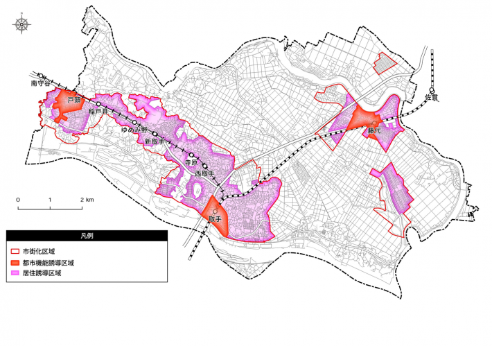 都市機能誘導区域（赤色塗り）と居住誘導区域図（桃色塗り）を市内全域の地図で示したもの