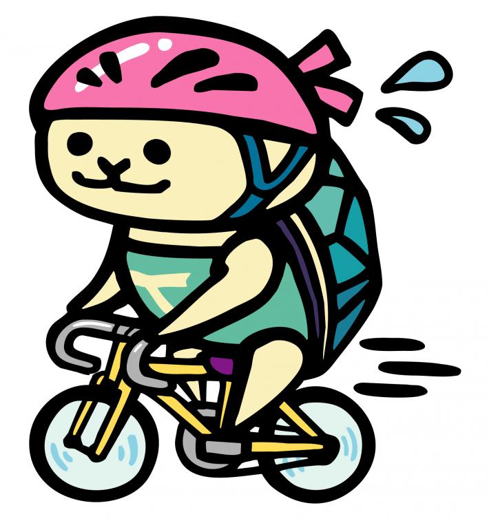 ピンク色ヘルメットをかぶって黄色い自転車をこいでいるとりかめくんイラスト